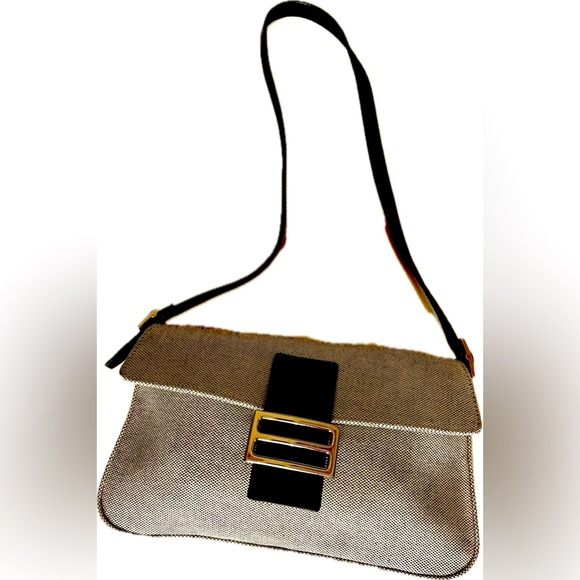 XXI Secolo Handbags - XXI Secolo blk leather & gray canvas shoulder bag-very good condition-vtge-Italy